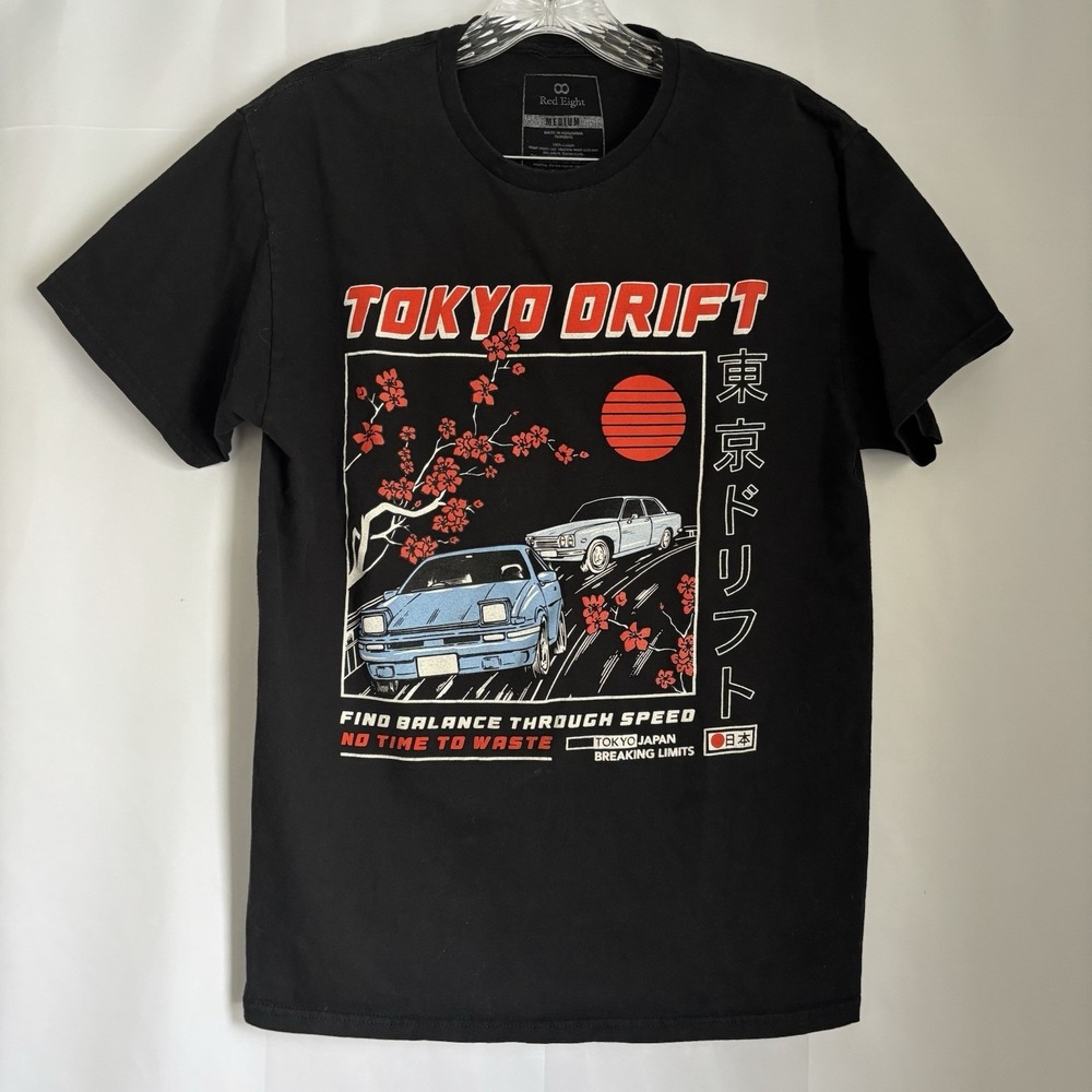 RED EIGHT TOKYO DRIFT CAR SHIRT,  BLACK, SIZE MEDIUM, FIND BALANCE THROUGH SPEED